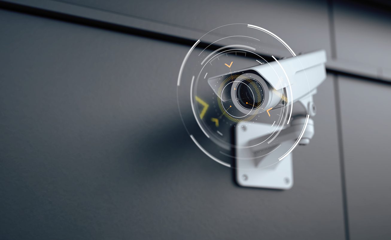 Outdoor Security camera. CCTV, secure, monitoring concept. 3d rendering businessman hand holding e mail icon
